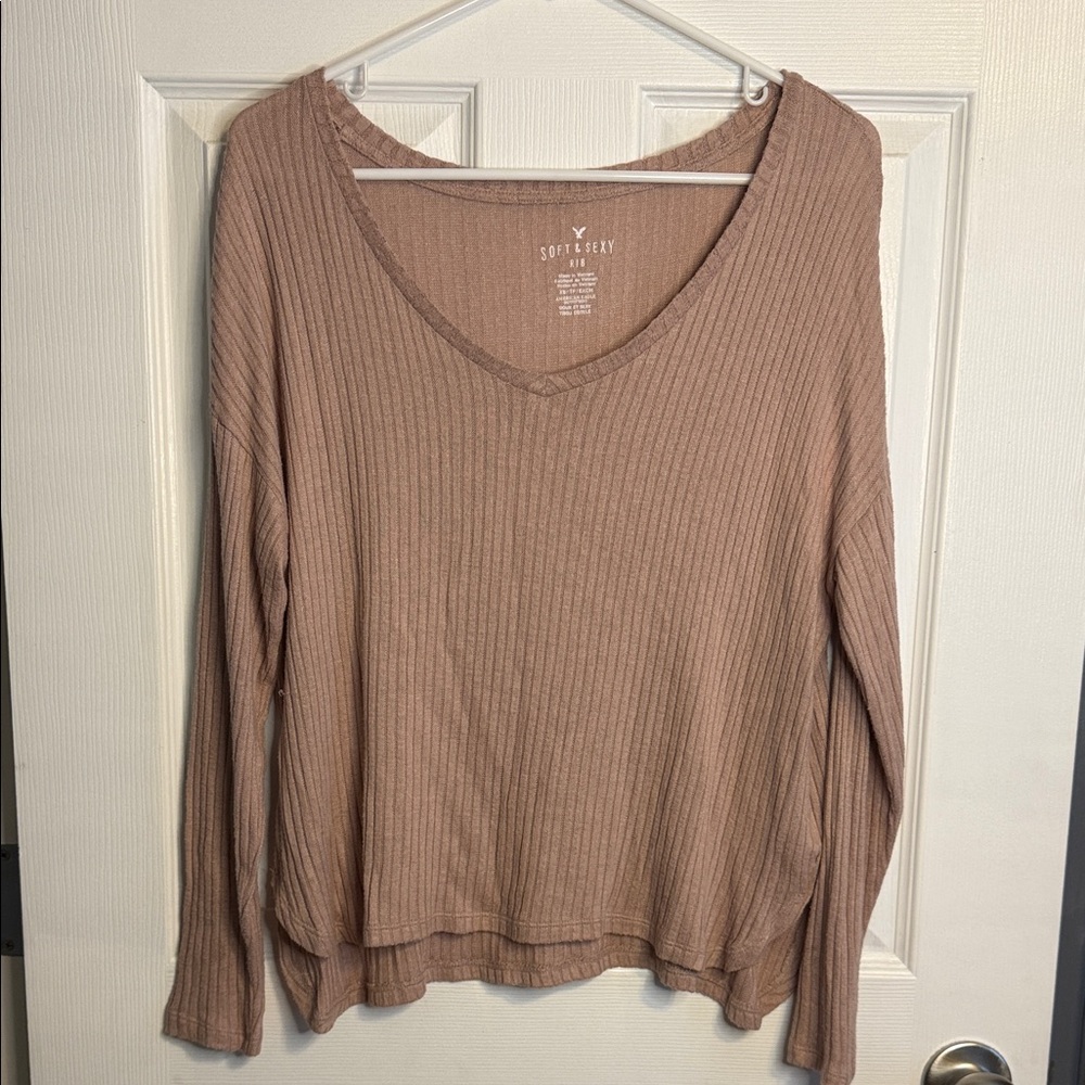American Eagle Outfitters Women's Ribbed Long Sleeve Top - Brown